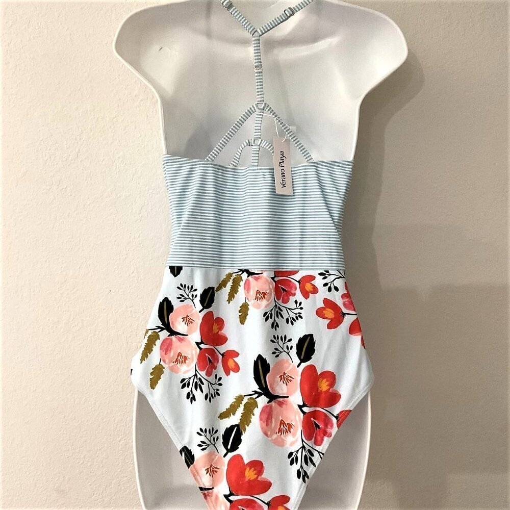 FLORAL SAILOR BACK WATERFALL STRIPES ONE-PIECE SWIMSUIT